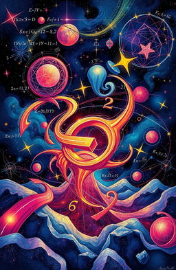 An intricate, visually stunning illustration of an exponent symbol, creatively integrated into an abstract mathematical landscape