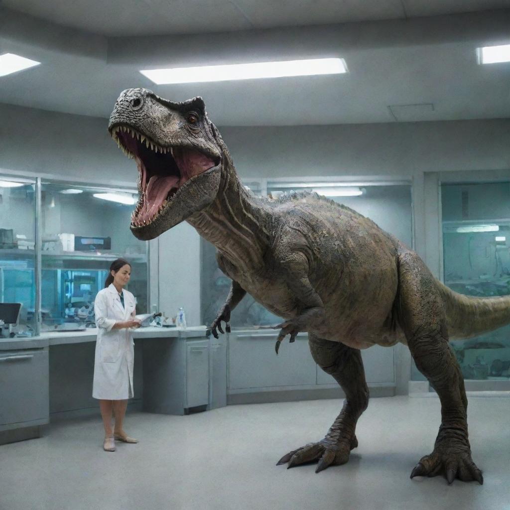 Revise the image of Isla Nublar to show Dr. Wu in the lab, creating a T-Rex dinosaur in an enclosed, scientifically advanced incubation room.