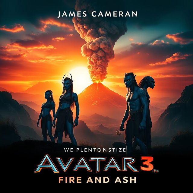 An epic teaser poster for 'Avatar 3: Fire and Ash (2025)', featuring breathtaking visuals of the vibrant yet dangerous Pandora landscape