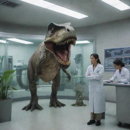 Revise the image of Isla Nublar to show Dr. Wu in the lab, creating a T-Rex dinosaur in an enclosed, scientifically advanced incubation room.