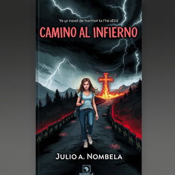 A chilling book cover for a horror novel titled 'Camino al Infierno' by Julio A