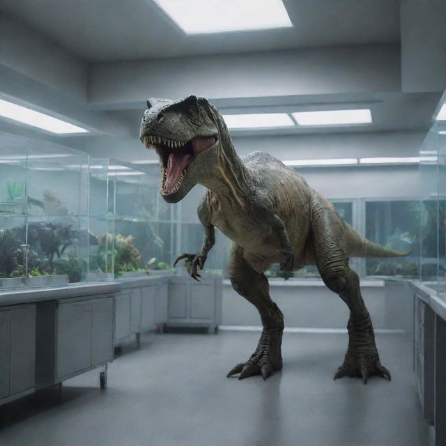 Revise the image of Isla Nublar to show Dr. Wu in the lab, creating a T-Rex dinosaur in an enclosed, scientifically advanced incubation room.