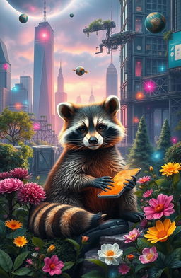 A captivating fusion of the natural world and technology, featuring a central raccoon surrounded by a harmonious blend of urban and natural elements