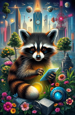 A captivating fusion of the natural world and technology, featuring a central raccoon surrounded by a harmonious blend of urban and natural elements