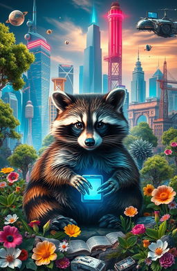 A captivating fusion of the natural world and technology, featuring a central raccoon surrounded by a harmonious blend of urban and natural elements