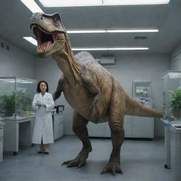 Revise the image of Isla Nublar to show Dr. Wu in the lab, creating a T-Rex dinosaur in an enclosed, scientifically advanced incubation room.