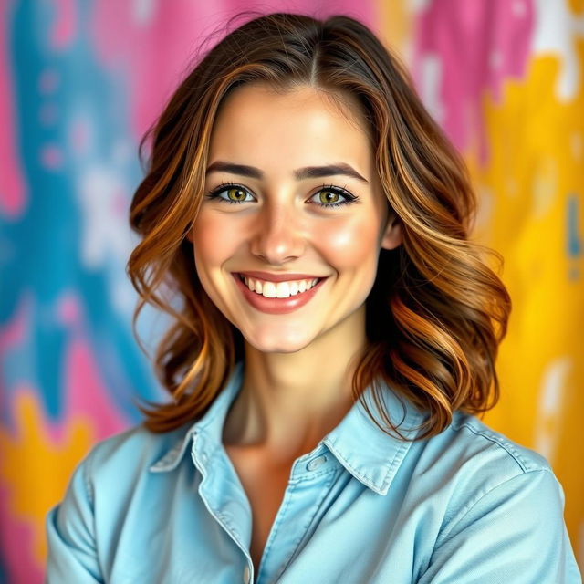 A vibrant and eye-catching profile picture featuring a person with a warm smile, against a colorful abstract background