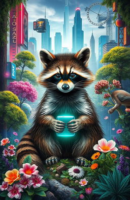 A captivating fusion of the natural world and technology, featuring a central raccoon surrounded by a harmonious blend of urban and natural elements