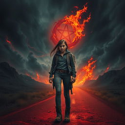 A young woman hitchhiking on a mysterious road leading to hell, set against a surreal and fiery landscape