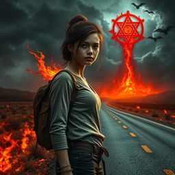 A young woman hitchhiking on a mysterious road leading to hell, set against a surreal and fiery landscape