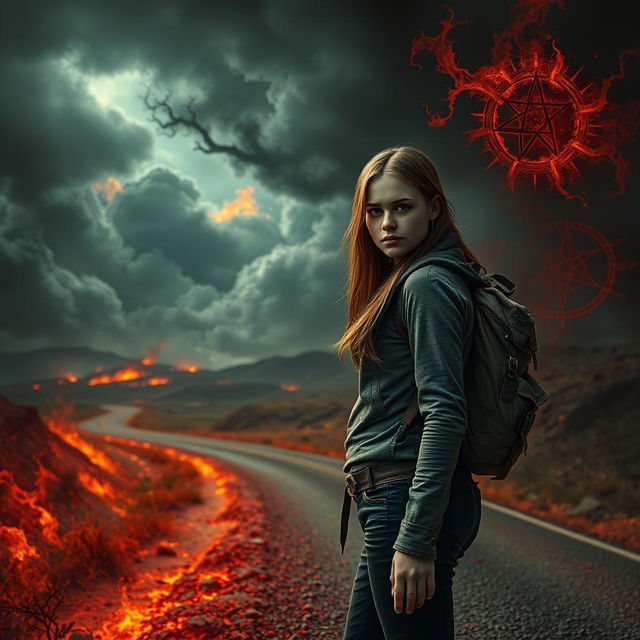 A young woman hitchhiking on a mysterious road leading to hell, set against a surreal and fiery landscape