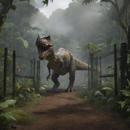 Refine the image of Isla Nublar to encompass the T-Rex inside an external long, electrified fence enclosure, located just outside the lab in the jungle.