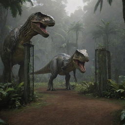 Refine the image of Isla Nublar to encompass the T-Rex inside an external long, electrified fence enclosure, located just outside the lab in the jungle.