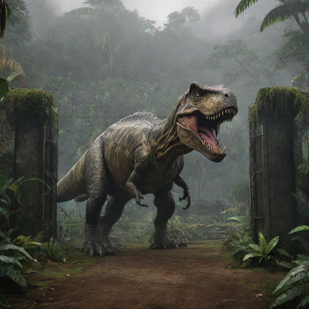 Refine the image of Isla Nublar to encompass the T-Rex inside an external long, electrified fence enclosure, located just outside the lab in the jungle.