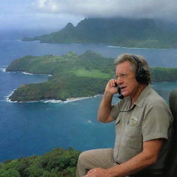 Further modify the image of Isla Nublar to show John Hammond in his helicopter, communicating over the phone with InGen against a backdrop of the sprawling island.