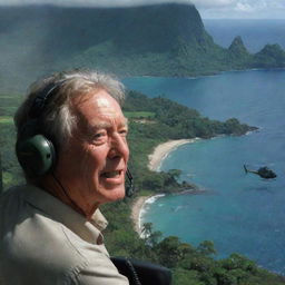 Further modify the image of Isla Nublar to show John Hammond in his helicopter, communicating over the phone with InGen against a backdrop of the sprawling island.