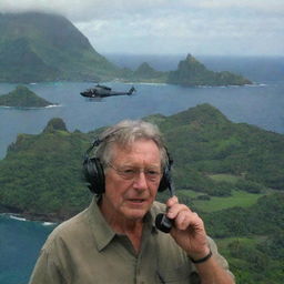 Further modify the image of Isla Nublar to show John Hammond in his helicopter, communicating over the phone with InGen against a backdrop of the sprawling island.