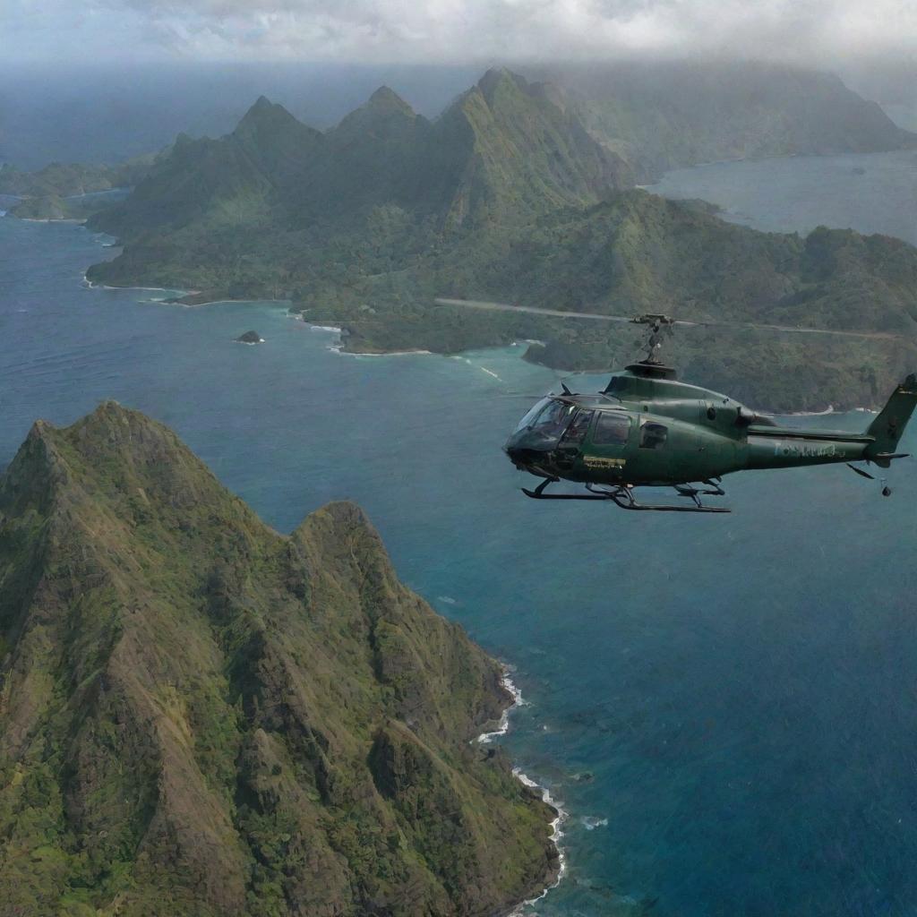 Further modify the image of Isla Nublar to show John Hammond in his helicopter, communicating over the phone with InGen against a backdrop of the sprawling island.