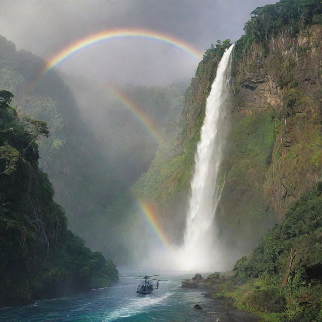 Alter the image of Isla Nublar to depict John Hammond landing his helicopter near a majestic waterfall on the island, the mist from the waterfall casting a rainbow.