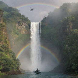 Alter the image of Isla Nublar to depict John Hammond landing his helicopter near a majestic waterfall on the island, the mist from the waterfall casting a rainbow.