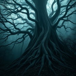 A dark, foreboding forest dominated by a gigantic tree with intricate and skeletal branches that stretch out like bony fingers against a misty background