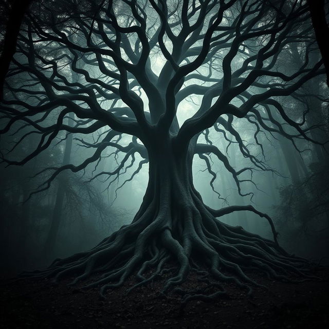 A dark, foreboding forest dominated by a gigantic tree with intricate and skeletal branches that stretch out like bony fingers against a misty background