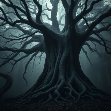 A dark, foreboding forest dominated by a gigantic tree with intricate and skeletal branches that stretch out like bony fingers against a misty background