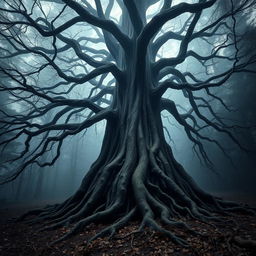 A dark, foreboding forest dominated by a gigantic tree with intricate and skeletal branches that stretch out like bony fingers against a misty background