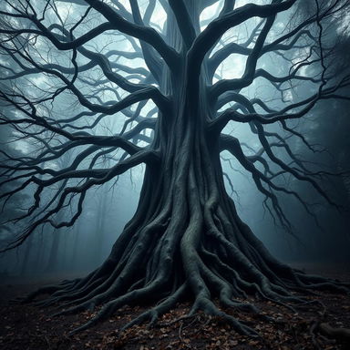 A dark, foreboding forest dominated by a gigantic tree with intricate and skeletal branches that stretch out like bony fingers against a misty background