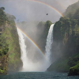 Alter the image of Isla Nublar to depict John Hammond landing his helicopter near a majestic waterfall on the island, the mist from the waterfall casting a rainbow.