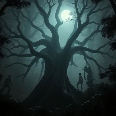 A giant, gnarled tree with skeleton-like branches sprawling outwards, set in a dark, mysterious forest shrouded in mist