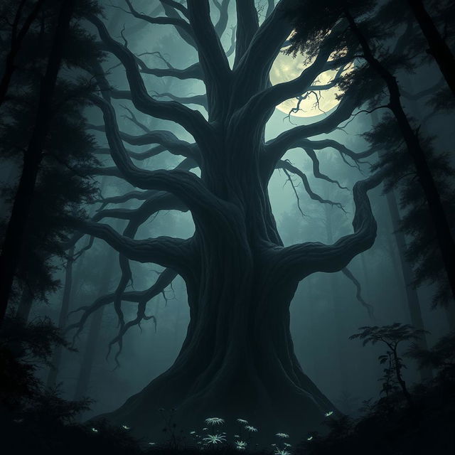 A giant, gnarled tree with skeleton-like branches sprawling outwards, set in a dark, mysterious forest shrouded in mist