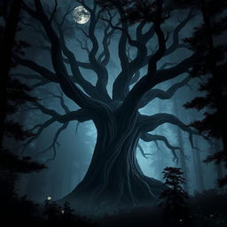 A giant, gnarled tree with skeleton-like branches sprawling outwards, set in a dark, mysterious forest shrouded in mist