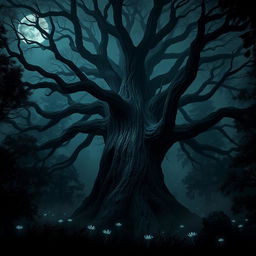 A giant, gnarled tree with skeleton-like branches sprawling outwards, set in a dark, mysterious forest shrouded in mist