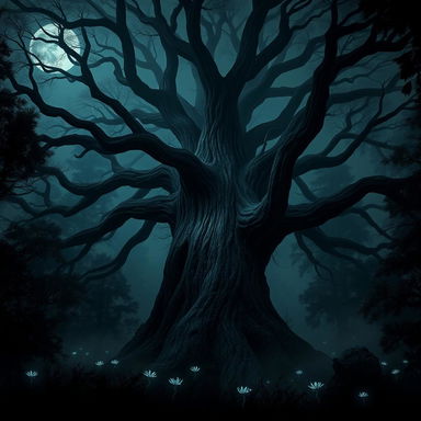 A giant, gnarled tree with skeleton-like branches sprawling outwards, set in a dark, mysterious forest shrouded in mist