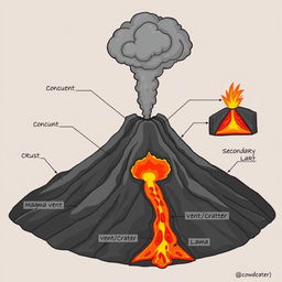 An informative and visually striking educational illustration featuring the key components of a volcano, including labeled diagrams of an ash cloud, conduit, crust, lava, secondary vent, magma chamber, and vent/crater
