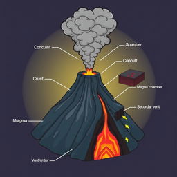 An informative and visually striking educational illustration featuring the key components of a volcano, including labeled diagrams of an ash cloud, conduit, crust, lava, secondary vent, magma chamber, and vent/crater