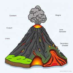 An informative and visually striking educational illustration featuring the key components of a volcano, including labeled diagrams of an ash cloud, conduit, crust, lava, secondary vent, magma chamber, and vent/crater