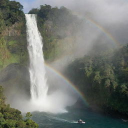 Alter the image of Isla Nublar to depict John Hammond landing his helicopter near a majestic waterfall on the island, the mist from the waterfall casting a rainbow.