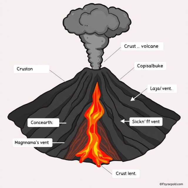 An informative and visually striking educational illustration featuring the key components of a volcano, including labeled diagrams of an ash cloud, conduit, crust, lava, secondary vent, magma chamber, and vent/crater