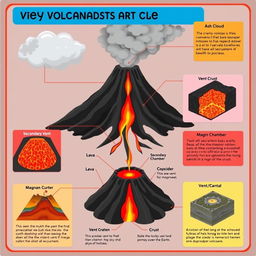 An informative educational poster featuring detailed illustrations of key components of a volcano, including the ash cloud, conduit, crust, lava, secondary vent, magma chamber, and vent/crater
