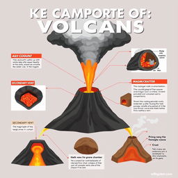 An informative educational poster featuring detailed illustrations of key components of a volcano, including the ash cloud, conduit, crust, lava, secondary vent, magma chamber, and vent/crater
