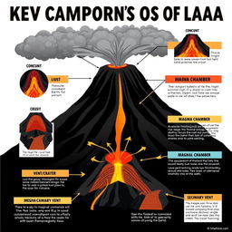 An informative educational poster featuring detailed illustrations of key components of a volcano, including the ash cloud, conduit, crust, lava, secondary vent, magma chamber, and vent/crater
