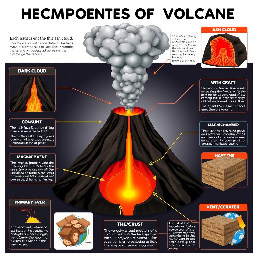 An informative educational poster featuring detailed illustrations of key components of a volcano, including the ash cloud, conduit, crust, lava, secondary vent, magma chamber, and vent/crater