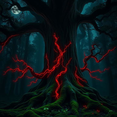 A massive, ancient tree towering over a mystical dark forest, its thick trunk adorned with glowing red vines that weave and spiral around its bark