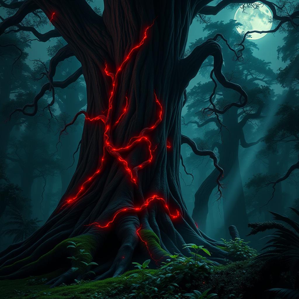 A massive, ancient tree towering over a mystical dark forest, its thick trunk adorned with glowing red vines that weave and spiral around its bark