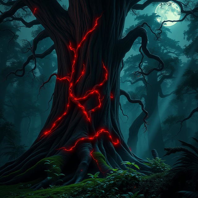 A massive, ancient tree towering over a mystical dark forest, its thick trunk adorned with glowing red vines that weave and spiral around its bark