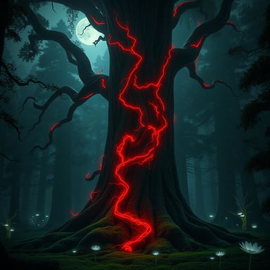 A massive, ancient tree towering over a mystical dark forest, its thick trunk adorned with glowing red vines that weave and spiral around its bark