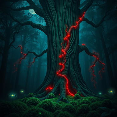 A massive, ancient tree towering over a mystical dark forest, its thick trunk adorned with glowing red vines that weave and spiral around its bark