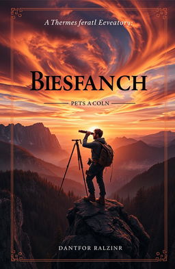 A captivating book cover depicting themes of exploration and research, featuring an adventurous scientist gazing through a telescope from the edge of a rugged cliff overlooking a vast, uncharted wilderness filled with towering mountains and dense forests